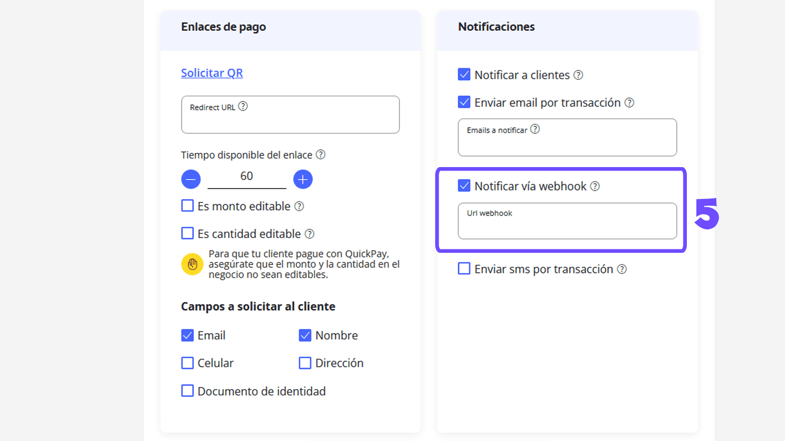 Configuración de Notificaciones de Wompi con la opción Notificar vía webhook y el campo Url webhook resaltados.
