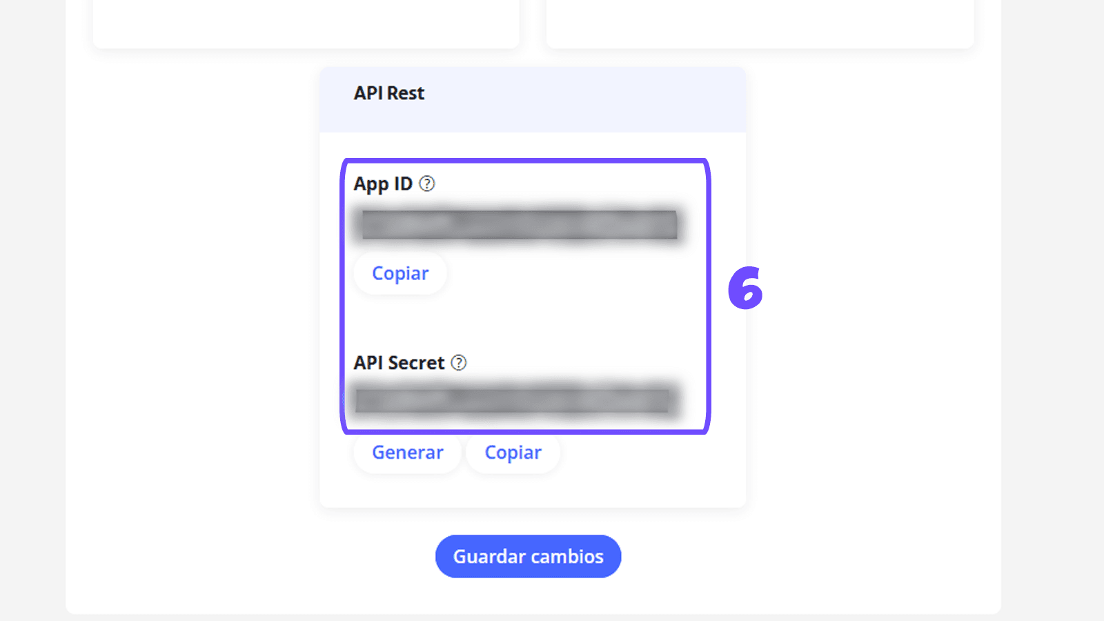 Sección API Rest de Wompi con App ID y API Secret ocultos.